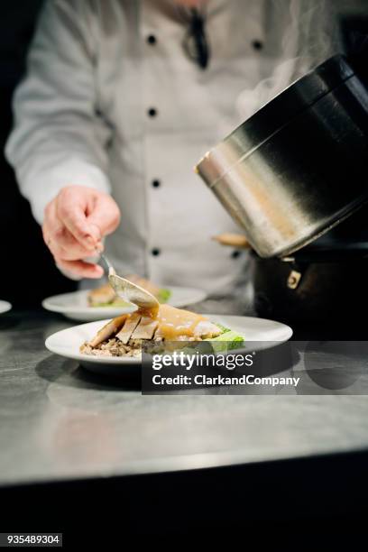 professional chef at work - pouring sauce stock pictures, royalty-free photos & images