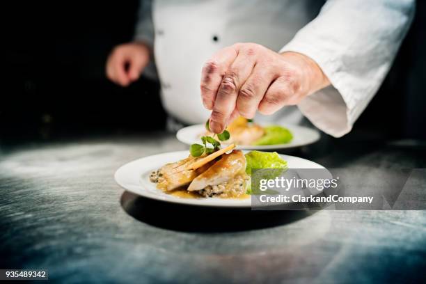 profi-koch bei der arbeit - gourmet küche stock-fotos und bilder