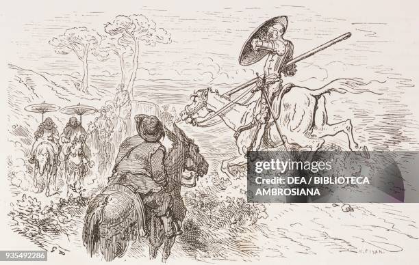 Don Quixote and Sancho Panza meeting Benedictine monks with parasols, followed by a carriage and followed by a mounted escort, engraving by Gustave...