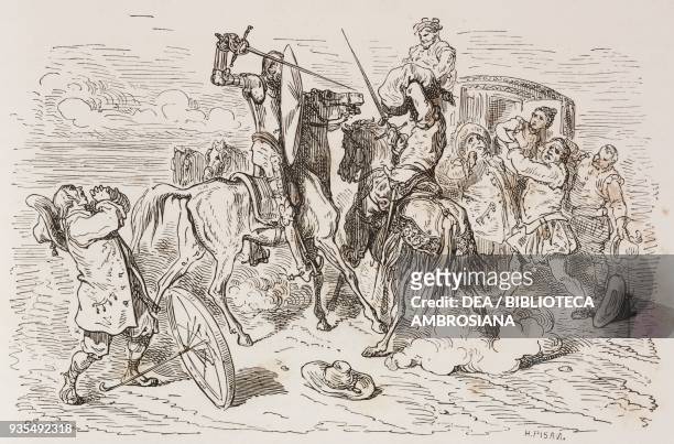 Don Quixote attacking a group of monks and men following a lady in a carriage, engraving by Gustave Dore from Don Quixote of La Mancha by Miguel de...