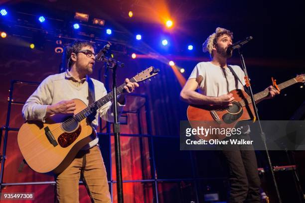 Rivers Cuomo of Weezer and Jack Met of AJR perform at The Belasco Theater on March 20, 2018 in Los Angeles, California.