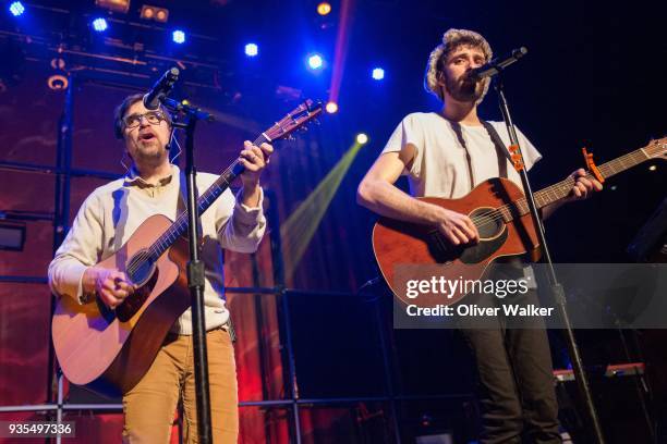 Rivers Cuomo of Weezer and Jack Met of AJR perform at The Belasco Theater on March 20, 2018 in Los Angeles, California.