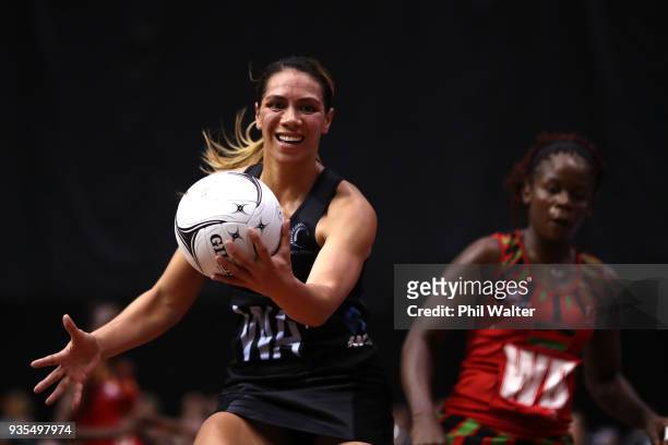 Grace Kara of the Silver Ferns takes a pass during the Taini Jamison Trophy match between the New Zealand Silver Ferns and the Malawai Queens at...