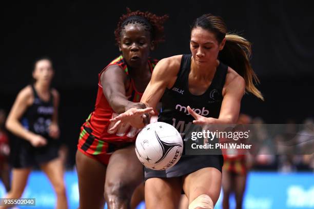 Grace Kara of the Silver Ferns takes a pass under pressure during the Taini Jamison Trophy match between the New Zealand Silver Ferns and the Malawai...