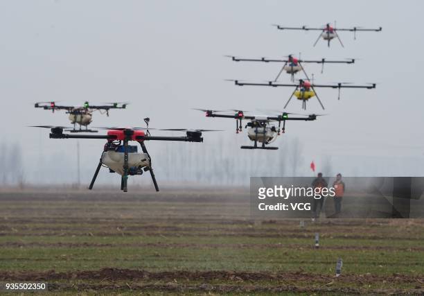 Operators use drones to spray pesticides and nutrient solution on winter wheat on March 21, 2018 in Cangzhou, Hebei Province of China.