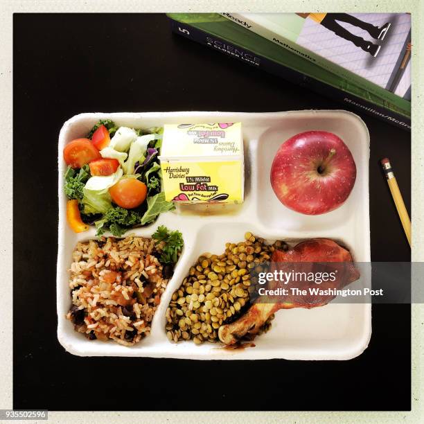 Chicken drumstick with spanish rice, jerk lentils, garden bar, apple and lowfat milk at Garfield Elementary School in Washington, DC on January 30,...