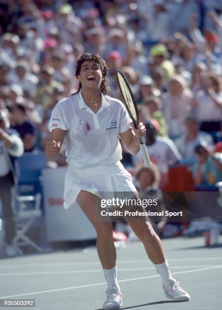 Gabriela Sabatini of Argentina celebrates after defeating Steffi Graf of West Germany in the Women's Singles Final of the US Open at the USTA...