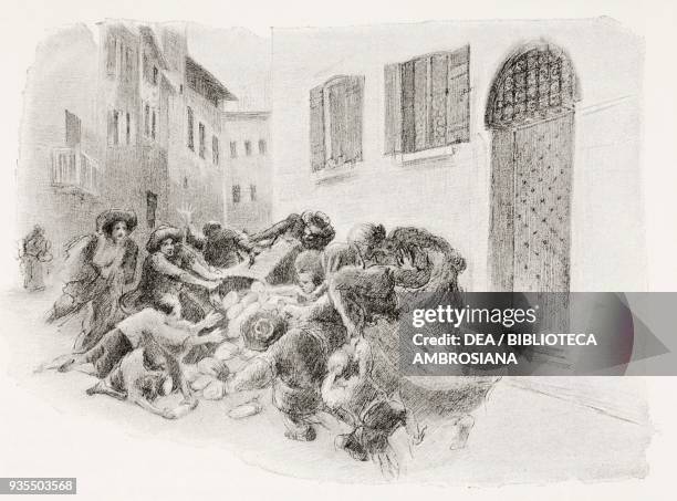 The common people pouncing on the bread given to the laborer by a baker who manages to escape their aggression, illustration by Gaetano Previati ,...