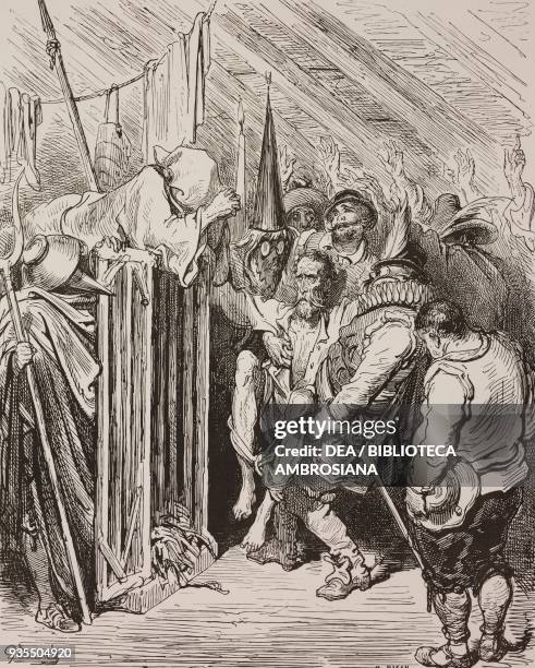 Don Fernando and the other men covering their faces and taking Don Quixote, engraving by Gustave Dore from Don Quixote of La Mancha by Miguel de...