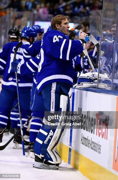 Garret Sparks of the Toronto Marlies takes a break against the Laval Rocket during AHL game action on March 12, 2018 at Air Canada Centre in Toronto,...