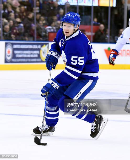 Andreas Bergman of the Toronto Marlies skates against the Laval Rocket during AHL game action on March 12, 2018 at Air Canada Centre in Toronto,...