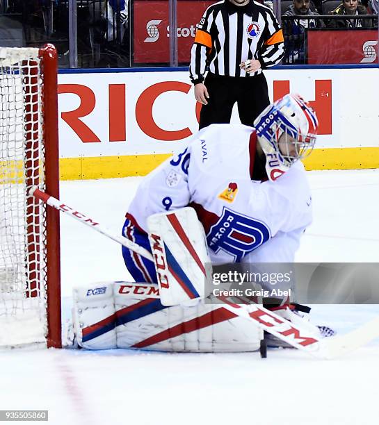 Zachary Fucale of the Laval Rocket stops a shot against the Toronto Marlies during AHL game action on March 12, 2018 at Air Canada Centre in Toronto,...