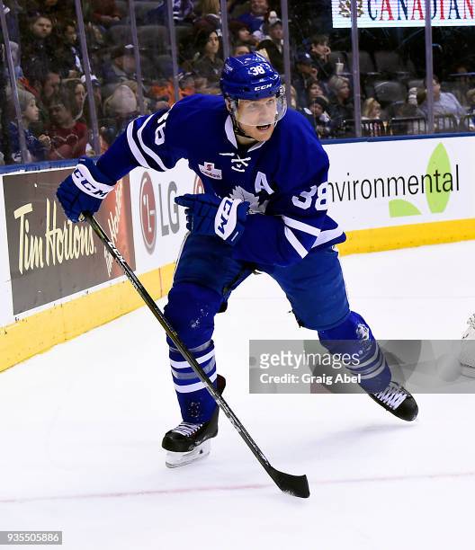 Colin Greening of the Toronto Marlies skates against the Laval Rocket during AHL game action on March 12, 2018 at Air Canada Centre in Toronto,...