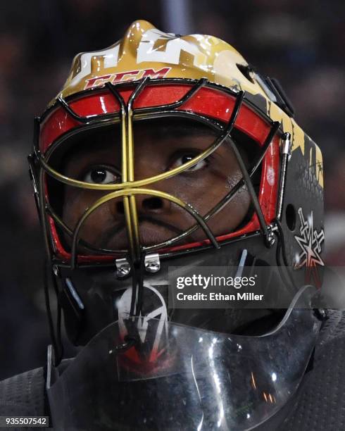 Malcolm Subban of the Vegas Golden Knights takes a break during a stop in play in the third period of a game against the Vancouver Canucks at...