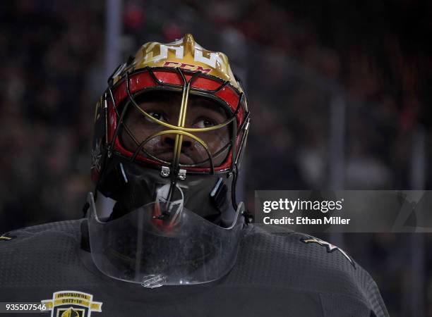 Malcolm Subban of the Vegas Golden Knights takes a break during a stop in play in the third period of a game against the Vancouver Canucks at...