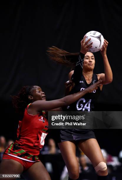 Maria Folau of the Silver Ferns takes a pass during the Taini Jamison Trophy match between the New Zealand Silver Ferns and the Malawai Queens at...