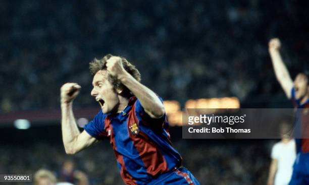 Barcelona's Allan Simonsen celebrates after scoring his team's first goal during the European Cup Winners Cup Final against Standard Liege held at...