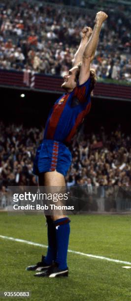 Barcelona's Allan Simonsen celebrates after scoring his team's first goal in the European Cup Winners Cup Final held against Standard Liege at the...