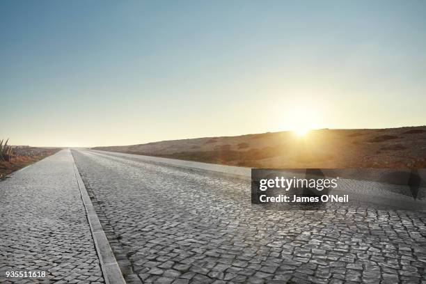 empty cobbled road and low sun on horizon, portugal - adoquinado fotografías e imágenes de stock