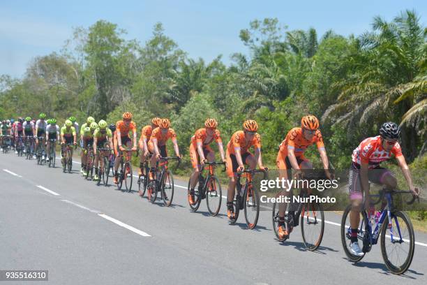 Bernardo Albeiro Suaza Arango in Red Polka Dot Jersey followed by members of CCC Sprandi Polkowice team during the third stage, a 166km from Kota...