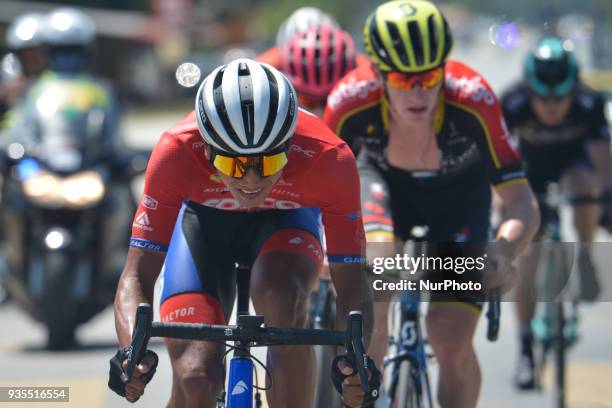 Nik Mohd Azwan Zulkiflie from Forca Amskins Team leads the breakaway group during the third stage, a 166km from Kota Bharu to Juala Terengganu, of...