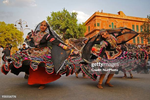 An Indian folk artists during the traditional Gangaur procession on the occasion of Gangaur Festival in Jaipur, Rajasthan, India on 20 March, 2018.