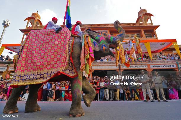 Traditional Gangaur procession makes way through Tripolia Gate on the occasion of Gangaur Festival in Jaipur, Rajasthan, India on 20 March, 2018.