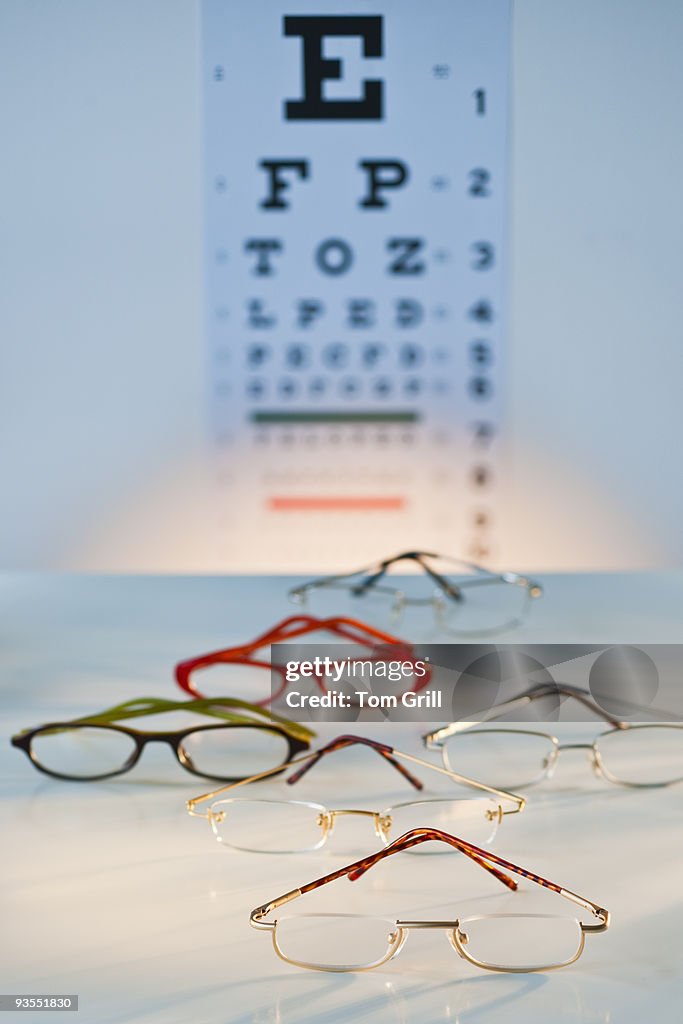 Eyeglasses with eye chart in background