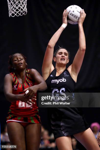 Te Paea Selby-Rickit of the Silver Ferns takes a pass during the Taini Jamison Trophy match between the New Zealand Silver Ferns and the Malawai...