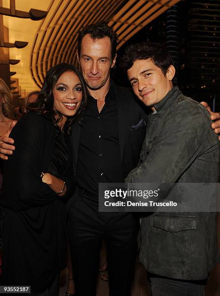 Rosario Dawson, Sebastian Copeland and Orlando Bloom arrives at the Vanity Fair party at the grand opening of Vdara Hotel & Spa at CitiCenter on...