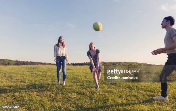 vrienden volleyballen bij zonsondergang - volleyball park stockfoto's en -beelden
