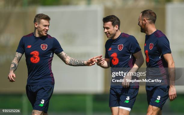 Belek , Turkey - 21 March 2018; Republic of Ireland players, from left, James McClean, Seamus Coleman and David Meyler during squad training at...