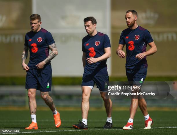 Belek , Turkey - 21 March 2018; Republic of Ireland players, from left, James McClean, Seamus Coleman and David Meyler during squad training at...