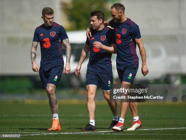 Belek , Turkey - 21 March 2018; Republic of Ireland players, from left, James McClean, Seamus Coleman and David Meyler during squad training at...