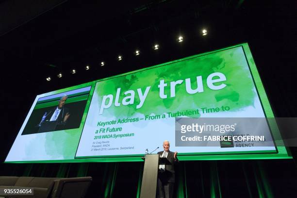 World Anti-Doping Agency President, Craig Reedie, addresses the assembly at the opening of the 2018 edition of the WADA Annual Symposium on March 21,...