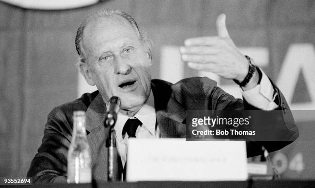 Dr Joao Havelange, President of FIFA, at a press conference in Mexico City in June 1983. .