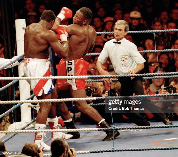 Lennox Lewis of Great Britain during his WBC World Heavyweight Championship Title fight against Frank Bruno of Great Britain at Cardiff Arms Park,...