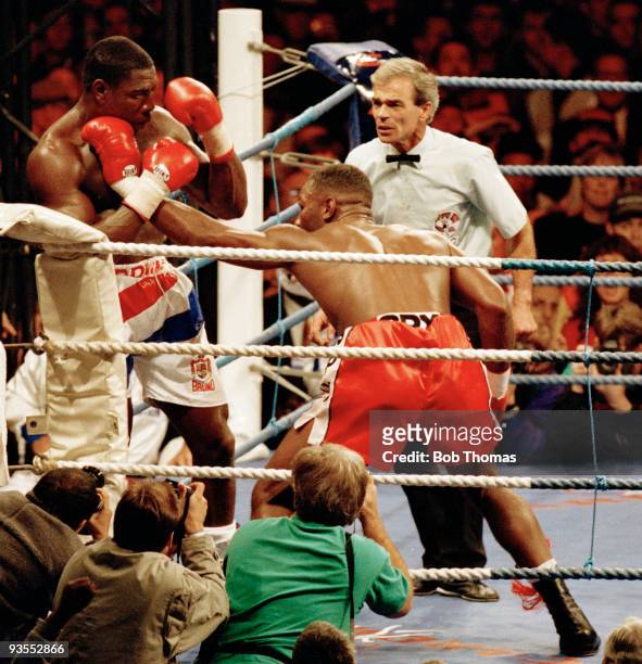 Lennox Lewis of Great Britain during his WBC World Heavyweight Championship Title fight against Frank Bruno of Great Britain at Cardiff Arms Park,...