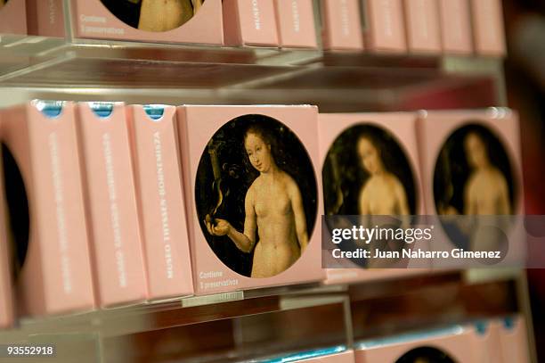 Eve, from a replica of the painting by Jan Gossaert entitled "Adam and Eve", is printed on condom packaging, at the Thyssen Museum on December 2,...