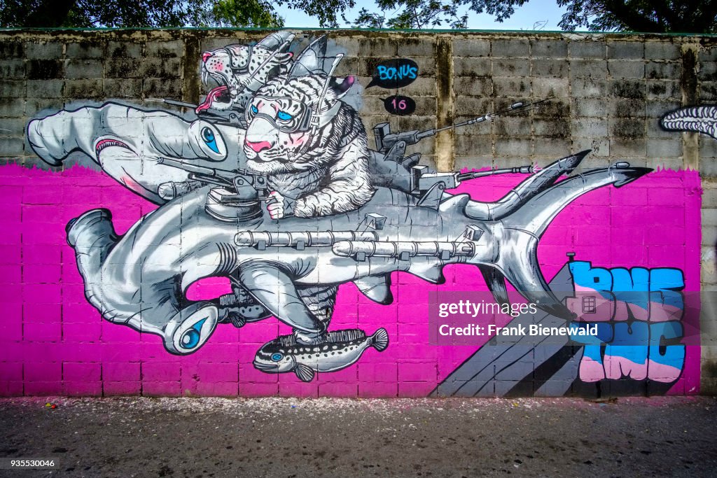 Colorful graffiti of hammer head sharks and a fantasy...