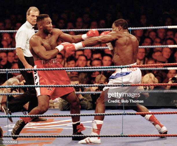 Lennox Lewis of Great Britain during his WBC World Heavyweight Championship Title defence against Frank Bruno of Great Britain at Cardiff Arms Park,...