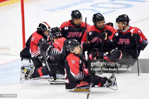 Japanese players show dejection after classigication game 7/8th on day seven of the PyeongChang 2018 Paralympic Games on March 16, 2018 in...