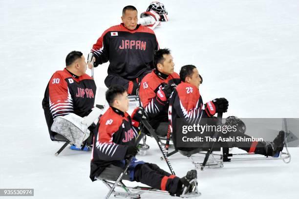 Japanese players show dejection after classigication game 7/8th on day seven of the PyeongChang 2018 Paralympic Games on March 16, 2018 in...