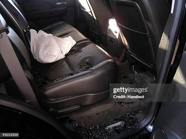 In this handout photo provided by The Florida Highway Patrol, the interior of the vehicle driven by Tiger Woods during his accident is seen on...