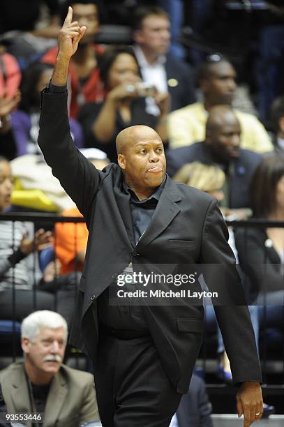 Craig Robinson, head coach of the Oregon State Beavers, calls a play during a college basketball game against the George Washington Colonials on...
