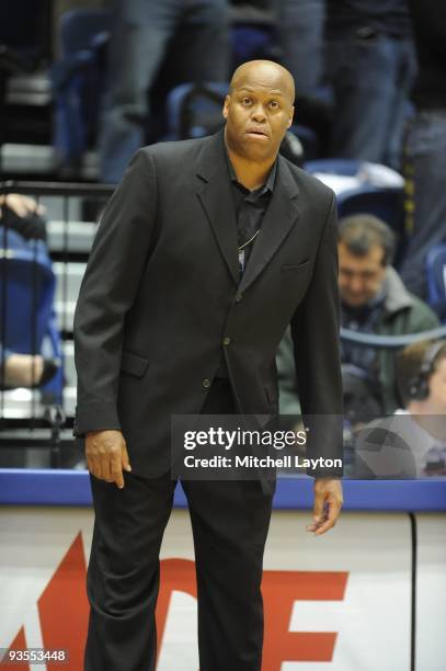Craig Robinosn, head coach of the Oregon State Beavers, looks on during a college basketball game against the George Washington Colonials on November...