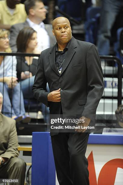 Craig Robinosn, head coach of the Oregon State Beavers, looks on during a college basketball game against the George Washington Colonials on November...