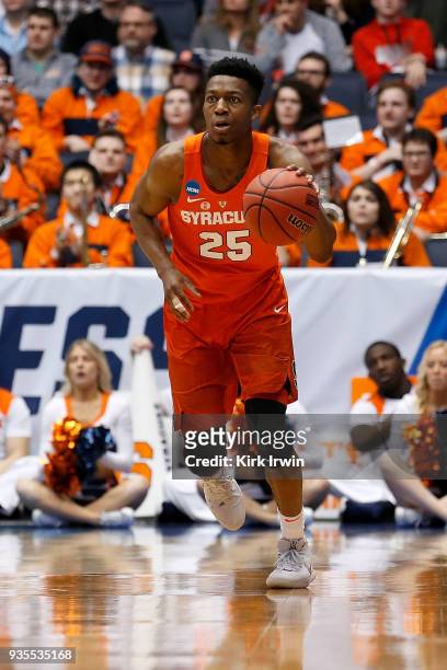 Tyus Battle of the Syracuse Orange dribbles the ball during the game against the Arizona State Sun Devils at UD Arena on March 14, 2018 in Dayton,...