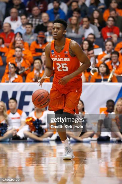 Tyus Battle of the Syracuse Orange dribbles the ball during the game against the Arizona State Sun Devils at UD Arena on March 14, 2018 in Dayton,...