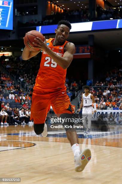 Tyus Battle of the Syracuse Orange grabs a loose ball during the game against the Arizona State Sun Devils at UD Arena on March 14, 2018 in Dayton,...